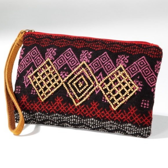 Handmade Hand Beaded Wristlet Clutch - Ethnic Inspired Design - Dyed Fine Cotton - Picture 2 of 6